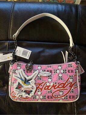 Ed Hardy Pink Skull-Print Shoulder Bag with White Handle and Swallow Patch